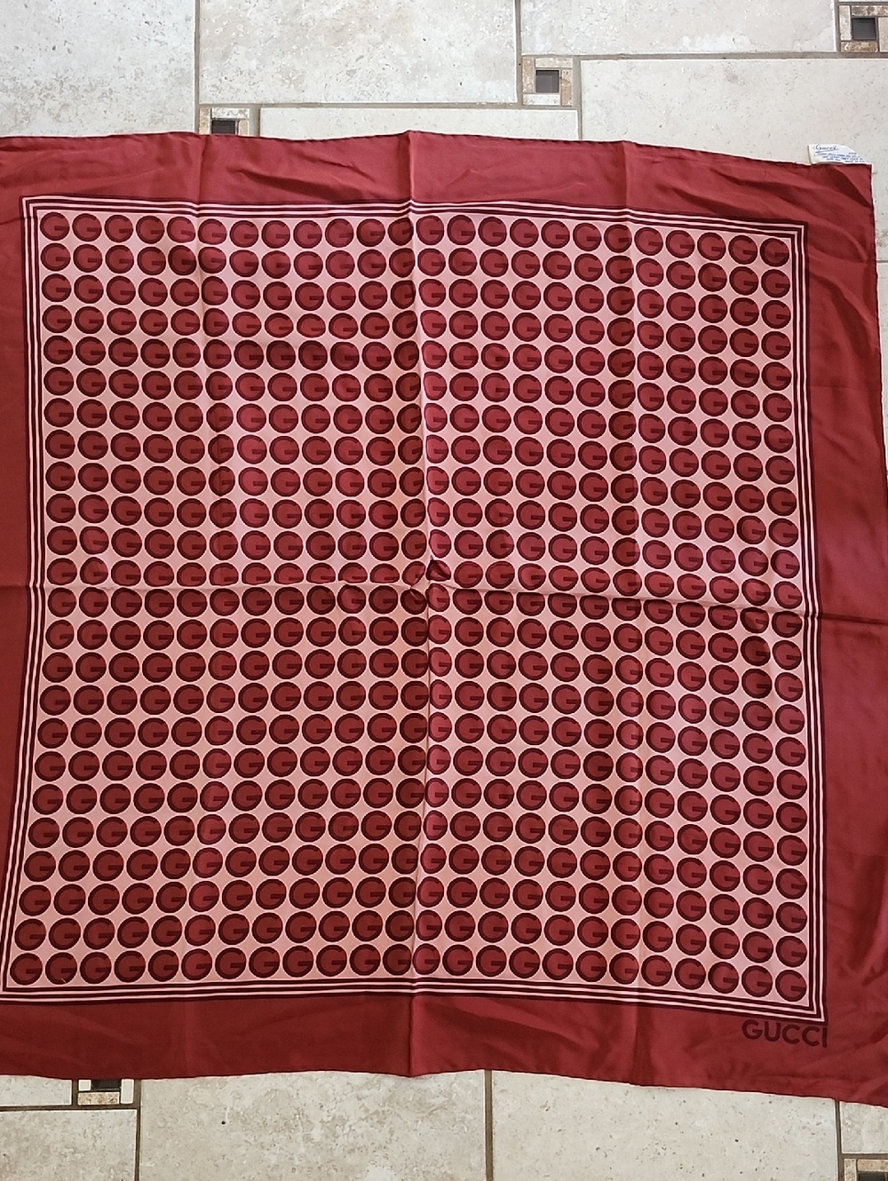 Vtg Gucci Monogrammed Silk Scarf In Burgundy